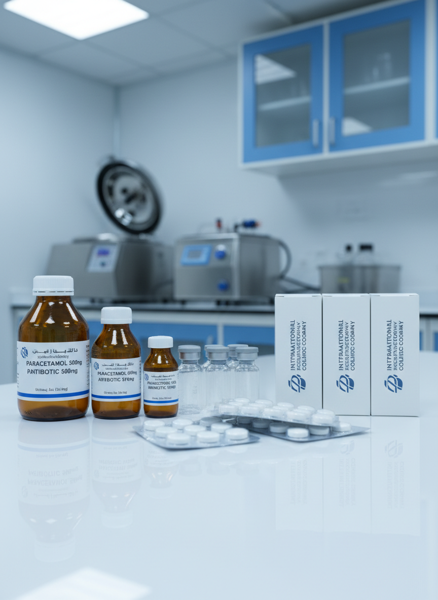 A high-precision still life of assorted pharmaceutical products neatly arranged on a glossy white laboratory countertop, including amber glass bottles with crisp bilingual Arabic-English labels, blister packs of tablets, sterile medical vials, and sleek white cartons bearing the logo “INTERNATIONAL SCIENTIFIC COMPANY.” In the background, out-of-focus stainless steel lab equipment and blue-tinted storage cabinets suggest a controlled, free-zone facility. Cool, diffused overhead lighting reflects softly off the glass and metal surfaces, creating a clean, clinical atmosphere. Shot at eye level with a moderate depth of field that keeps the central products razor sharp while gently blurring the environment. The mood is professional, trustworthy, and precise, with photographic realism and a modern, minimalist composition that emphasizes organization and pharmaceutical quality.