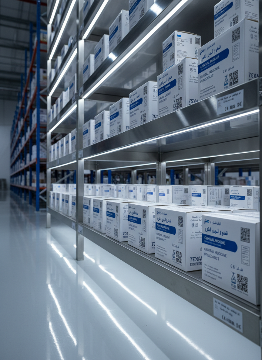 A close-up, photographic realism scene of a sterile pharmaceutical warehouse shelf system, packed with meticulously aligned cartons of medical products labeled in Arabic and English, each bearing barcodes and regulatory symbols. The shelving is made of brushed stainless steel, anchored to a polished epoxy floor with subtle reflections. Cool white LED strip lighting runs along the underside of the shelves, casting crisp, linear highlights and faint shadows that emphasize order and structure. In the softly blurred background, tall racking systems recede into the distance, hinting at large-scale operations in a free-zone logistics hub. Captured from a slightly low, three-quarter angle using the rule of thirds, the image feels efficient, reliable, and globally connected while maintaining a clean, professional aesthetic.