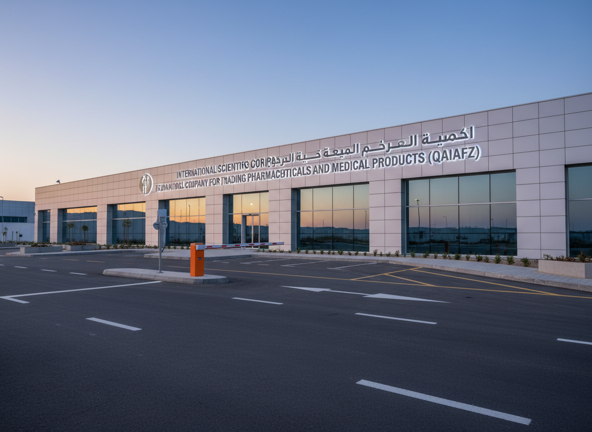 A panoramic, photographic realism view of a modern pharmaceutical free-zone facility exterior at dawn, showing a low, contemporary building with clean white and silver cladding, large mirrored glass panels, and bilingual “INTERNATIONAL SCIENTIFIC COMPANY FOR TRADING PHARMACEUTICALS AND MEDICAL PRODUCTS (QAIAFZ)” signage in bold, illuminated lettering. The foreground features a flawlessly paved access road with clear directional markings and a secure gate barrier. Soft early-morning light casts a gentle golden glow on the facade while cool blue tones linger in the sky, suggesting a new operational day. The composition is shot from a low, wide-angle perspective, emphasizing the scale and professionalism of the complex. The atmosphere is calm, orderly, and corporate, with sharp architectural lines and minimalistic landscaping underscoring reliability and global reach.