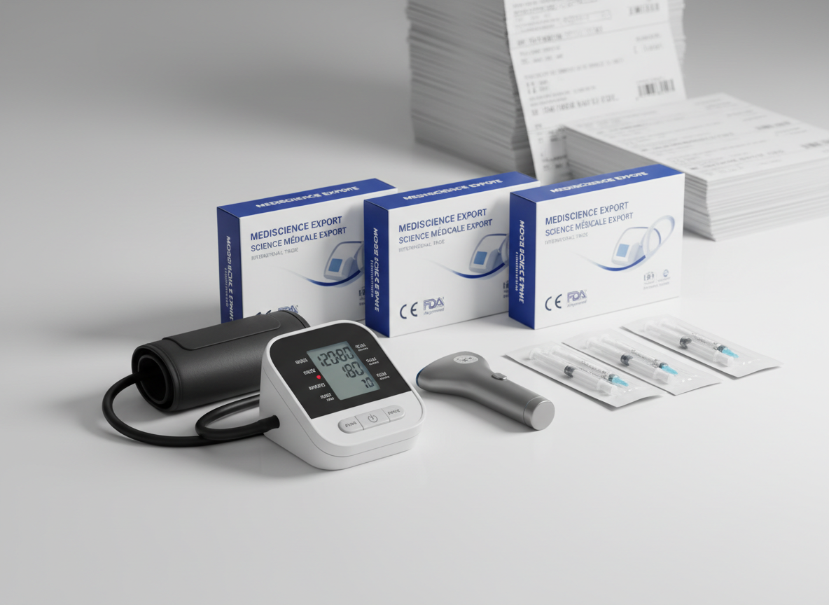 A refined still life composition of high-end medical devices and diagnostic equipment destined for international trade, arranged on a matte white surface. The scene includes a compact digital blood pressure monitor, a sleek infrared thermometer, sterile packaged syringes, and boxed diagnostic test kits with bilingual branding, all aligned with precision. In the background, slightly out of focus, are rows of uniform shipping labels and customs documentation, hinting at free-zone export processes. Neutral, soft studio lighting from the left creates gentle gradients and minimal shadows, emphasizing product shapes and clarity. Shot from a slightly elevated angle with a shallow depth of field that keeps the front devices in crisp focus. The mood is modern, dependable, and clinically professional, supporting the identity of an international scientific company dealing in medical products.