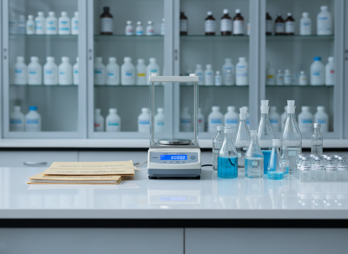 An ultra-clean pharmaceutical laboratory workbench in photographic realism, featuring a calibrated analytical balance, rows of transparent volumetric flasks filled with clear and pale blue solutions, sealed sterile vials, and neatly stacked documentation folders labeled for import and export. The bench surface is smooth white resin, with subtle reflections enhancing the precision of the scene. In the background, blurred glass-front cabinets store carefully organized reagents and medical supplies. Bright, evenly distributed overhead lab lighting creates a neutral, shadow-free environment that communicates scientific rigor. Shot from a slightly elevated angle with a deep depth of field to keep instruments and documentation in clear focus. The mood is technical, meticulous, and compliant, reinforcing the image of a regulated, international scientific trading company.