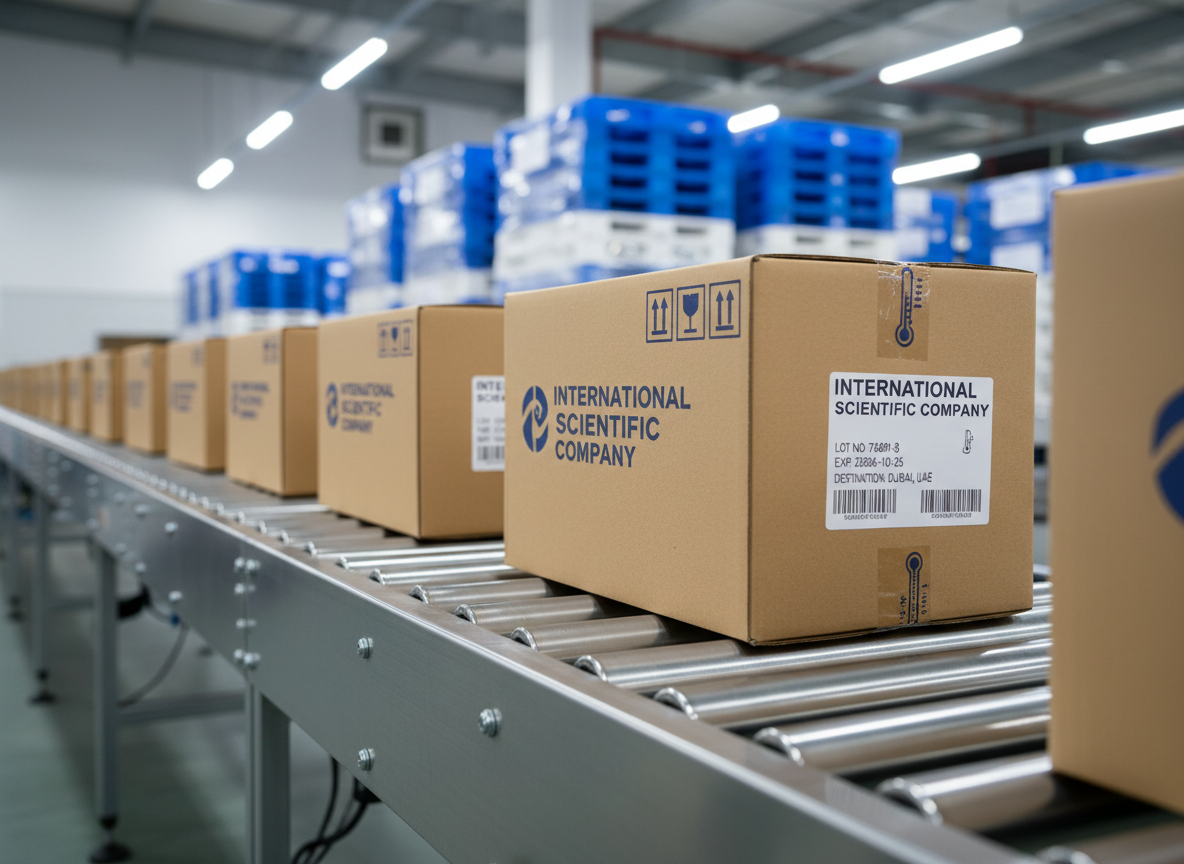 A detailed close-up of an international pharmaceutical shipping preparation area in photographic realism, featuring sturdy, sealed cartons branded with “INTERNATIONAL SCIENTIFIC COMPANY” and medical product handling icons, arranged on a clean roller conveyor system. Each carton displays precise printed labels with lot numbers, barcodes, and destination information in Arabic and English. The conveyor surface is metallic with a cool, brushed finish, catching highlights from overhead industrial LED lighting that creates crisp, controlled shadows. In the softly blurred background, tall blue and white pallets of additional medical supplies suggest scale and global distribution. Captured from a low, side angle along the line of the conveyor, the composition uses leading lines to create depth and motion. The mood is efficient, secure, and highly organized, ideal for illustrating reliable pharmaceutical logistics.