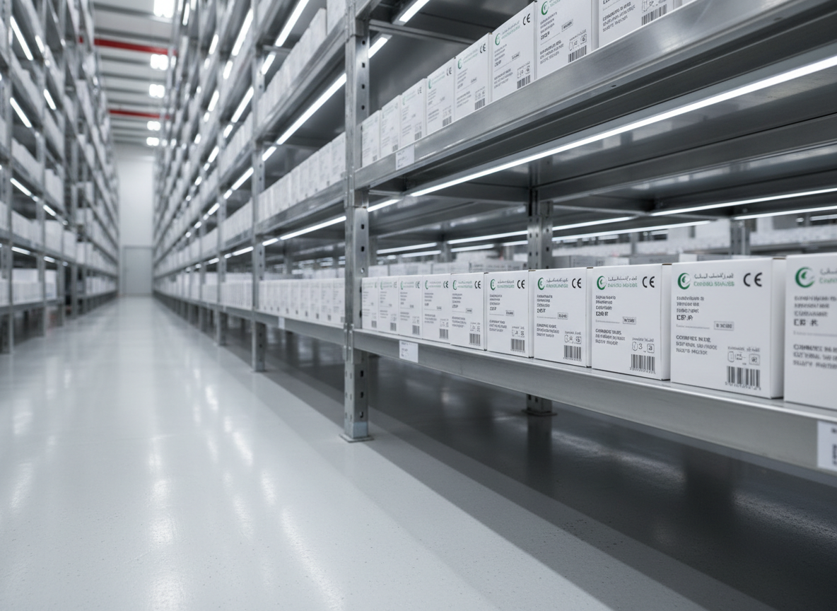A close-up, photographic realism scene of a sterile pharmaceutical warehouse shelf system, packed with meticulously aligned cartons of medical products labeled in Arabic and English, each bearing barcodes and regulatory symbols. The shelving is made of brushed stainless steel, anchored to a polished epoxy floor with subtle reflections. Cool white LED strip lighting runs along the underside of the shelves, casting crisp, linear highlights and faint shadows that emphasize order and structure. In the softly blurred background, tall racking systems recede into the distance, hinting at large-scale operations in a free-zone logistics hub. Captured from a slightly low, three-quarter angle using the rule of thirds, the image feels efficient, reliable, and globally connected while maintaining a clean, professional aesthetic.