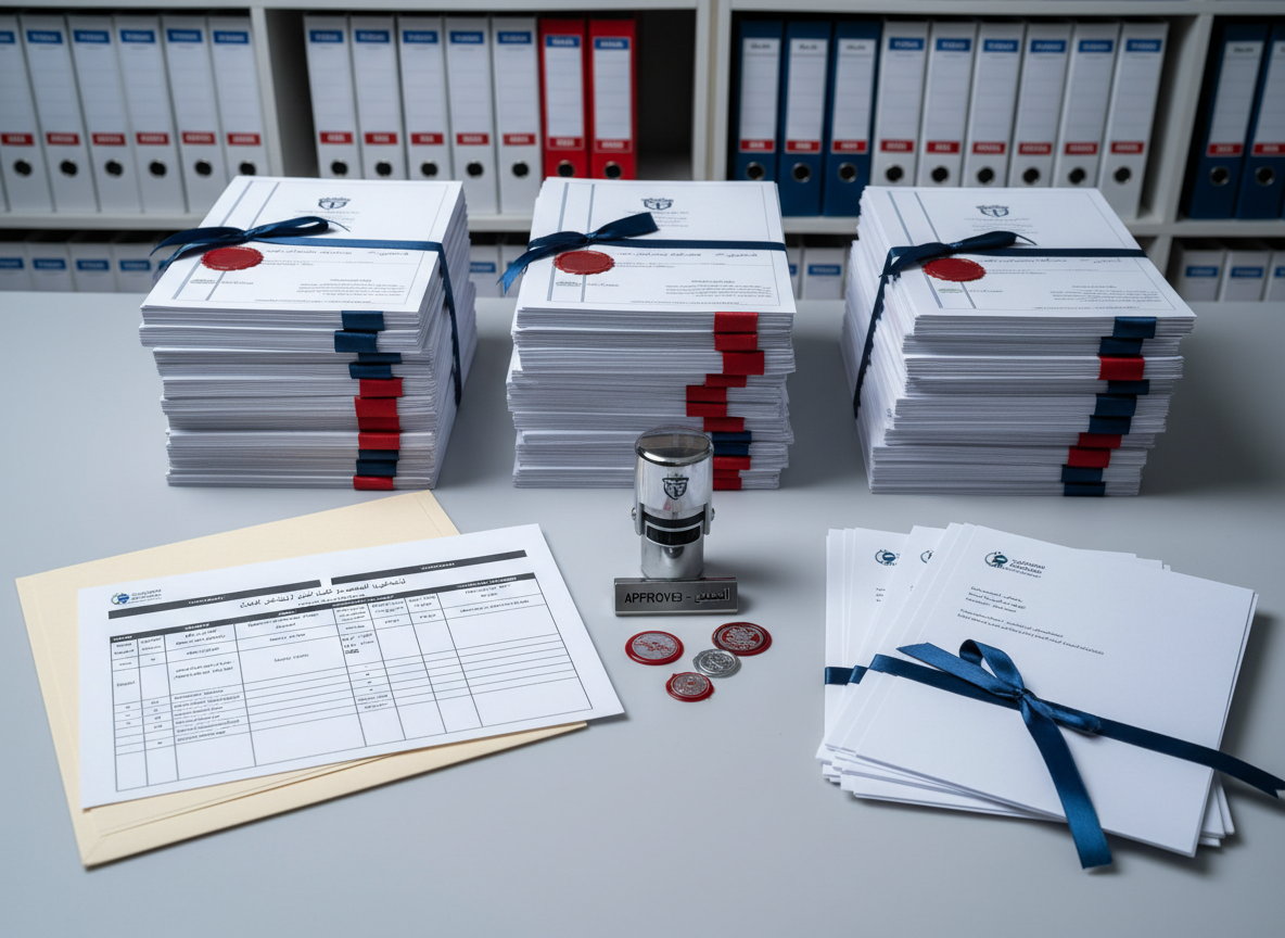 An organized regulatory documentation desk scene in photographic realism, showing neatly stacked bilingual Arabic-English dossiers, certificates of analysis, and import-export permits arranged on a smooth, light gray surface. A high-quality metal stamp, tamper-evident seals, and an open folder displaying a structured pharmaceutical product specification page are carefully positioned. In the softly blurred background, shelves filled with uniformly labeled binders for different regions and authorities suggest comprehensive compliance. Cool, even overhead lighting and a subtle side fill create legible, glare-free text and soft shadows that add depth without clutter. Shot from an overhead, top-down perspective that emphasizes order and process. The atmosphere is meticulous, transparent, and authoritative, visually reinforcing regulatory integrity and the professional character of an international pharmaceuticals trading company.