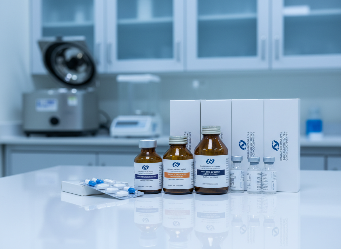 A high-precision still life of assorted pharmaceutical products neatly arranged on a glossy white laboratory countertop, including amber glass bottles with crisp bilingual Arabic-English labels, blister packs of tablets, sterile medical vials, and sleek white cartons bearing the logo “INTERNATIONAL SCIENTIFIC COMPANY.” In the background, out-of-focus stainless steel lab equipment and blue-tinted storage cabinets suggest a controlled, free-zone facility. Cool, diffused overhead lighting reflects softly off the glass and metal surfaces, creating a clean, clinical atmosphere. Shot at eye level with a moderate depth of field that keeps the central products razor sharp while gently blurring the environment. The mood is professional, trustworthy, and precise, with photographic realism and a modern, minimalist composition that emphasizes organization and pharmaceutical quality.