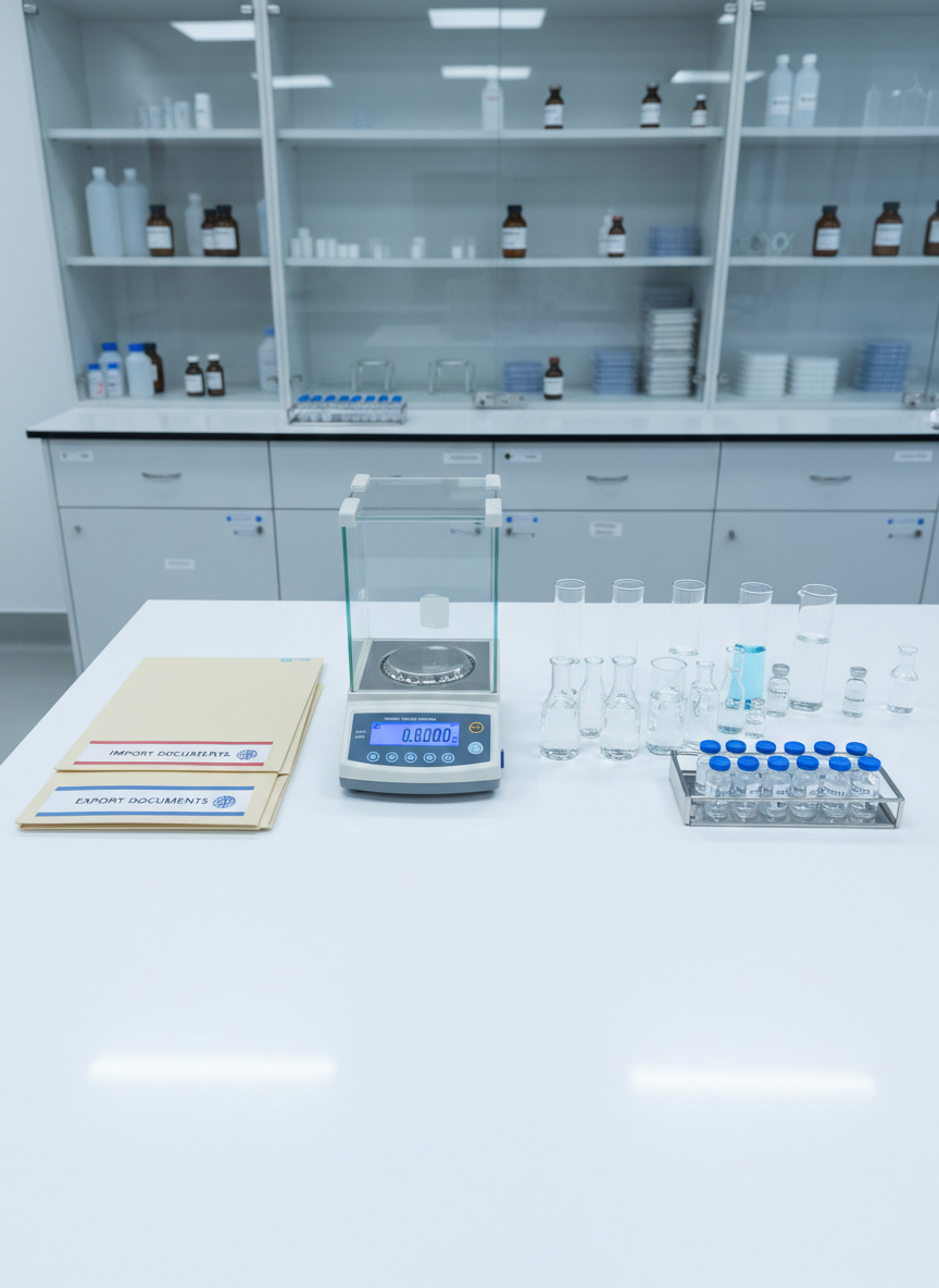 An ultra-clean pharmaceutical laboratory workbench in photographic realism, featuring a calibrated analytical balance, rows of transparent volumetric flasks filled with clear and pale blue solutions, sealed sterile vials, and neatly stacked documentation folders labeled for import and export. The bench surface is smooth white resin, with subtle reflections enhancing the precision of the scene. In the background, blurred glass-front cabinets store carefully organized reagents and medical supplies. Bright, evenly distributed overhead lab lighting creates a neutral, shadow-free environment that communicates scientific rigor. Shot from a slightly elevated angle with a deep depth of field to keep instruments and documentation in clear focus. The mood is technical, meticulous, and compliant, reinforcing the image of a regulated, international scientific trading company.